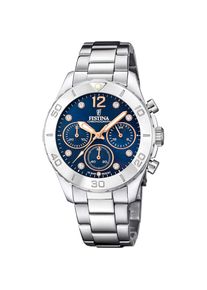 Festina, Damen, Chronograph &raquo;Boyfriend Collection&laquo; Armbanduhr, Quarzuhr, Damenuhr, Stoppfunktion, Edelstahlarmband, silberfarben-dunkelblau, 
