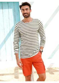 Catamaran Heren Shirt met lange mouwen en in het garen geverfde strepen in kaki/ecru gestreept ,maat 44/46, Witt, 100% Katoen