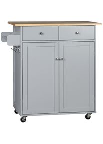 HOMCOM Rolling Kitchen Island on Wheels, Utility Serving Cart with Rubber Wood Top, Towel Rack, Hooks and Storage Drawers, Grey | Aosom Ireland