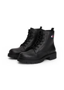 Schn&uuml;rboots Tommy Jeans "TJW LACE UP LEATHER BOOT", Damen, Gr. 41, schwarz, Glattleder, Schuhe Schn&uuml;rboots, Blockabsatz, Schn&uuml;rstiefelette mit Logoflag an der Seite