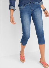 Caprijeans bonprix "Slim Fit Jeans Mid Waist, cropped", Damen, Gr. 50, N-Gr, blau (blau used), Denim/Jeans, Obermaterial: 82% Baumwolle, 17% Polyester, 1% Elasthan, unifarben, regular fit ca. Mitte Wade, Jeans Caprijeans, 3/4-Capri-Look, Five-Pocket Style, Regular Fit, schmale Beinform, Topseller