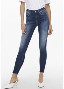Skinny-fit-Jeans Only "ONLBLUSH LIFE MID SK ANK RAW", Damen, Gr. M (38), L&auml;nge 30, blau (dunkelblau denim), Denim/Jeans, Obermaterial: 92% Baumwolle, 6% Elastomultiester, 2% Elasthan, Abriebeffekte, skinny fit, Jeans Skinny-fit-Jeans