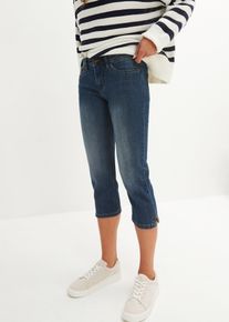 Caprijeans bonprix "Slim Fit Jeans Mid Waist, cropped", Damen, Gr. 42, N-Gr, blau (dunkelblau used), Denim/Jeans, Obermaterial: 82% Baumwolle, 17% Polyester, 1% Elasthan, unifarben, regular fit ca. Mitte Wade, Jeans Caprijeans, 3/4-Capri-Look, Five-Pocket Style, Regular Fit, schmale Beinform