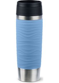 Thermobecher Emsa "Travel Mug Classic Wave", blau (pastell, blau), H:24,2cm &Oslash;:8cm, Edelstahl, Kunststoff, Silikon, Trinkgef&auml;&szlig;e, Thermobecher, 100% dicht, sp&uuml;lmaschinenfest, 360-Trink&ouml;ffnung