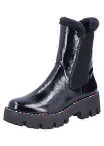 Winterstiefelette Rieker, Damen, Gr. 37, schwarz, Lacklederimitat, Textil, gl&auml;nzend, Schuhe Winterstiefelette, Plateauboots, Winterboots, Lack-Stiefelette mit buntem Sohlenrand