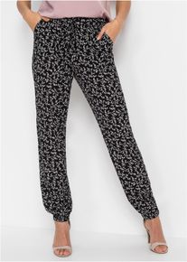 Schlupfhose bonprix "Schlupfhose aus reiner Viskose", Damen, Gr. 54, N-Gr, schwarz-wei&szlig; (schwarz, wollwei&szlig; floral), Obermaterial: 100% Viskose, loose fit lang, Hosen Schlupfhose, aus Viskose, elastischer Bund, lockere Passform, eleganter Stil