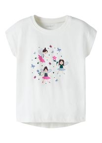 T-Shirt name it "NMFVIGEA CAPSL TOP", M&auml;dchen, Gr. 110, wei&szlig; (cloud dancer print), Jersey, Obermaterial: 100% Baumwolle, bedruckt, normal normal, Rundhals, angeschnitten, Shirts T-Shirt, Baumwolle, regular fit