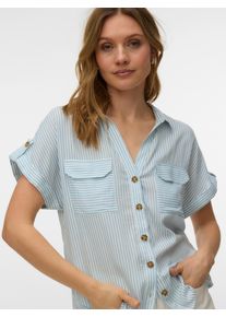 V&eacute;ro Moda Kurzarmbluse VERO MODA "VMBUMPY S/S SHIRT WVN GA NOOS", Damen, Gr. L, blau (snow wei&szlig; stripes:gray mist), Web, Obermaterial: 100% Viskose, gestreift, regular fit normal, V-Ausschnitt, mit Aufschlag, Blusen Kurzarmbluse, Viskose, regular fit