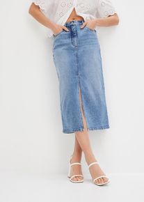 Jeansrock bonprix, Damen, Gr. 50, blau (blau denim), Denim/Jeans, Obermaterial: 99% Baumwolle, 1% Elasthan, Abriebeffekte, unifarben, regular fit ca. Mitte Wade, R&ouml;cke Jeansrock, regular fit, mit Gehschlitz, 5-Pocket-Stil