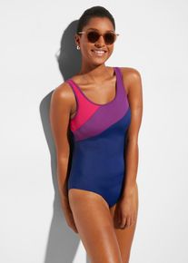 Schwimmanzug bonprix, Damen, Gr. 42, N-Gr, blau (dunkelblau, lila, pink), Obermaterial: 80% Polyamid, 20% Elasthan. Futter: 100% Polyester, Badeanz&uuml;ge Schwimmanzug, vielseitige Gr&ouml;&szlig;en von 38 bis 56, sportlicher Stil