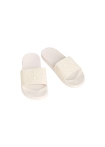 Badepantolette Calvin Klein "ESS SLIDE HF MONOGRAM CV", Herren, Gr. 47, beige, Textil, unifarben, Basic, Schuhe Badepantolette, Sommerschuh, Strandschuh, Badeschuh, Flat mit Logo-Emblem