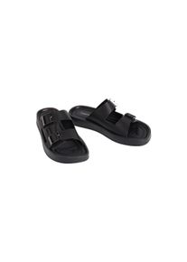 Pantolette Calvin Klein "ERGON DOUBLE BAR SANDAL LTH", Herren, Gr. 44, Synthetik, schwarz, Leder, unifarben, Basic, Schuhe Pantolette, Strandschuh, Sommerschuh, unifarbener Flat mit Logoschriftzug