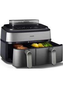 Philips Hei&szlig;luftfritteuse "NA555/00 Steam Airfryer 5000 Series Dual Basket, 9L Kapazit&auml;t (3L+6L)", silber (silber, edelstahl), B:44,39cm H:38,25cm T:35,17cm, Fritteusen, mit Dampfgar-Funktion; Silber/Edelstahl, Hei&szlig;luftfritteuse