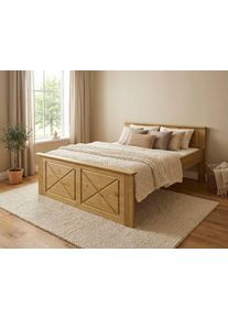 Massivholzbett OTTO HOME "Hugo, FSC zertifiziertes Massivholz, optionaler Stauraum/ Bettk&auml;sten", natur, B:152cm H:84cm L:205cm, Betten, Massivholzbett, aus massiver Kiefer, Landhaustil mit edlen Verzierungen, Made in EU