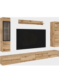 Wohnwand Home Affaire "Vera, Breite 300 cm", votaneichefarben, B:300cm H:182cm T:33cm, FSC-zertifizierter Holzwerkstoff, Kastenm&ouml;bel-Sets, Wohnwand, Mit LED, Glasvitrine, grifflose Fronten