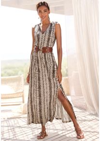 Maxikleid Lascana, Damen, Gr. 42, N-Gr, braun (beige, braun bedruckt), Jersey, Obermaterial: 100% Viskose, bedruckt, figurumspielend lang, tiefer V-Ausschnitt, Kleider Maxikleid