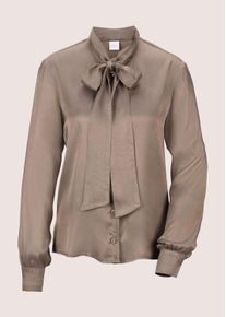 Madeleine Mode Langarmbluse MADELEINE "Bluse Satinbluse mit Schluppe", Damen, Gr. 42, beige (taupe), Obermaterial: 100% Viskose CV., Modern, normal, Blusen Langarmbluse