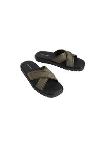 Pantolette Calvin Klein "SQ MOLDED SANDAL XCROSS WB", Herren, Gr. 41, Synthetik, oliv, Lederimitat, Textil, unifarben mit Farbeinsatz, Basic, Schuhe Pantolette, Strandschuh, Sommerschuh, Badepantolette, Flat mit Logoschriftzug