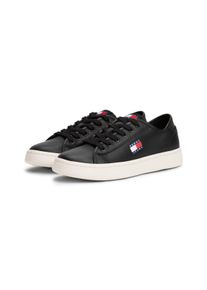 Plateausneaker Tommy Jeans "TJW LIGHTWEIGHT COURT SNEAKER", Damen, Gr. 41, schwarz, Leder, unifarben mit Farbeinsatz, Schuhe Plateausneaker, Freizeitschuh, Halbschuh, Schn&uuml;rschuh mit plakativer Logoflag