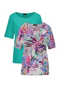Kurzarmshirt GOLDNER "Elegantes Shirt-Duo mit Muster-Mix", Damen, Gr. 42, blau (t&uuml;rkis, t&uuml;rkis, gemustert), Obermaterial: 95% Viskose CV. 5% Elasthan EL., gerade, U-Boot-Ausschnitt, Shirts Kurzarmshirt, stretchbequemer Viskosejersey