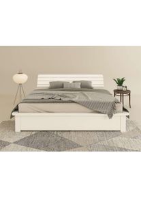 Massivholzbett OTTO HOME "Antri, Futonbett, ergonomisch geformtes Kopfteil, stilvolles Design", wei&szlig;, B:198cm H:79,2cm L:224,6cm, Betten, Massivholzbett, Rahmen zur Ablage von Smartphone, mit Lattenrost, Bettkasten optional