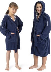 Kinderbademantel Kangaroos "Dalia, Ideal f&uuml;r Zuhause, Schwimmbad oder im Urlaub" Gr. 140, marine, L:91cm, Veloursfrottier, Hausm&auml;ntel, Kinderbademantel, Uni-Farben mit Streifen