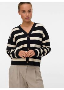 V&eacute;ro Moda Strickjacke VERO MODA "VMSABA FULL NEEDLE LS V-NECK CARDI NOOS", Damen, Gr. L, schwarz (schwarz stripes:birch), Strick, Obermaterial: 50% Viskose, 28% Polyester, 22% Nylon, gestreift, regular fit normal, V-Ausschnitt, Rippstrickb&uuml;ndchen, Strickjacken Strickjacke