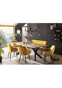 Eckbankgruppe Salesfever "Eckbankgruppe im Landhausstil", gelb (senfgelb, natur, schwarz, schwarz), B:240cm H:76,5cm T:110cm, Massivholz, Metall, Polyester, Sitzm&ouml;bel-Sets, Eckbankgruppe, R&uuml;ckenfl&auml;che mit aufw&auml;ndiger Rautensteppung