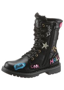 Schn&uuml;rstiefel Dockers by Gerli, M&auml;dchen, Gr. 37, Warmfutter, schwarz, Lederimitat, Schuhe Schn&uuml;rstiefel, Boots mit bunten Patches