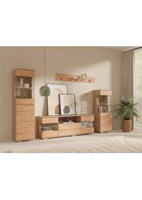 Wohnwand OTTO HOME "VETRO: besteht aus 2 Vitrinen, 1 Lowboard & 1 Wandregal, Wohnzimmer.", eichefarben, FSC-zertifizierter Holzwerkstoff, FSC-zertifizierter Massivholz, Kastenm&ouml;bel-Sets, Wohnwand, Breite:280cm,T&uuml;ren aus Massivholz mit Glaseins&auml;tzen,Korpus aus Melamin