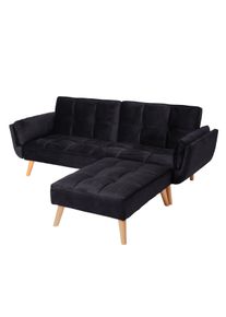 Schlafsofa HWC-K18 mit Ottomane, Couch Sofa G&auml;stebett, Schlaffunktion 218x175cm ~ Samt schwarz