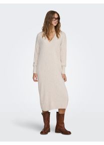 Strickkleid Only "ONLNEW TESSA L/S MIDI V DRESS", Damen, Gr. L, N-Gr, wei&szlig; (pumice stone melange), Strick, Obermaterial: 100% Polyacryl, meliert, unifarben, ca. Mitte Wade, V-Ausschnitt, Kleider Strickkleid, mit tiefem V-Ausschnitt mit breiter Blende