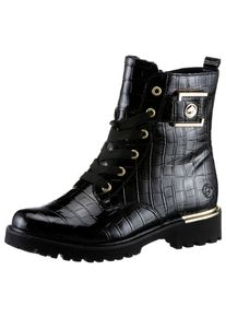 Schn&uuml;rstiefelette Remonte, Damen, Gr. 44, gold (schwarz, goldfarben), Lacklederimitat, gl&auml;nzend, kontrastfarbene Details, Schuhe Schn&uuml;rstiefelette, Blockabsatz, Schn&uuml;rboots im Kroko-Look, Innenrei&szlig;verschluss