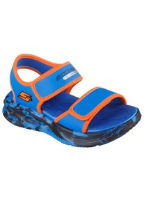 Sandale Skechers "SOLA GLOW SANDAL", Jungen, Gr. 34, blau (blau, orange), Lederimitat, kontrastfarbene Details, Schuhe Sandale, Sandale mit Klettverschluss+Blinkfunk., Gr&ouml;&szlig;enschablone zum Download