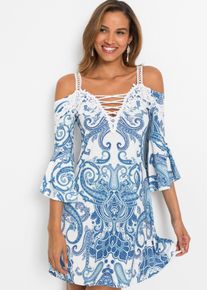 Off-Shoulder-Kleid bonprix, Damen, Gr. 32/34 (XS), N-Gr, blau (wei&szlig;, blau bedruckt), Web, Obermaterial: 95% Polyester, 5% Elasthan. Spitze: 100% Polyester, ausgestellt, Kleider Off-Shoulder-Kleid, f&uuml;r Partys, Off-Shoulder-Design, Halbarm, ausgestellte Passform