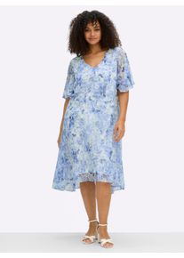 sheego Dames Chiffonjurk met volant aan de zoom in koningsblauw/wit gedessineerd ,maat 54, Witt, 100% Polyester