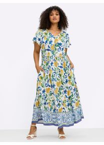 sheego by Joe Browns Damen Maxikleid mit breitem Smokbund in wei&szlig;-sonnengelb-gemustert ,Gr&ouml;&szlig;e 40, Witt, 100% Viskose