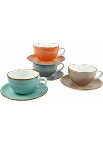 Cappuccinotasse Creatable "Kaffeetasse VINTAGE NATURE", bunt (terra, steingrau, blau, schlamm), 8 Stk., Porzellan, Trinkgef&auml;&szlig;e, Cappuccinotasse, Tassen Set, 4 Tassen, 4 Untertassen