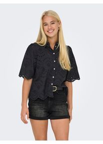 Spitzenbluse Only "ONLVALAIS S/S SHIRT WVN NOOS", Damen, Gr. S, schwarz, Web, Obermaterial: 100% Baumwolle, unifarben, loose fit normal, gewellter Abschluss, Blusen Spitzenbluse, Baumwolle, loose fit