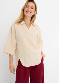 bonprix Tunika aus softem Viskose-Mix, beige, Gr.52, Weit geschnittene Hemdbluse mit V-Ausschnitt, leicht vorverlegten N&auml;hten und 3/4-Arm, aus Viskose