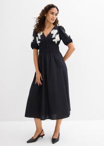 bonprix Midikleid mit Stickerei, schwarz, Gr.46, sommerliches Midikleid aus festem Baumwoll-Popelin mit dekorativer Stickerei und Puff&auml;rmeln, 97% Baumwolle