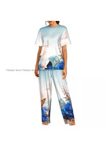 Women's Pajamas Set Blue Hydrangeas And Daisies Floral Butterflies Short Sleeve Sleepwear 2 Piece Homewear Loungewear