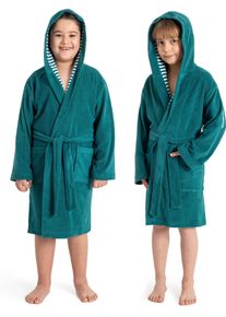 Kinderbademantel Kangaroos "Dalia, Ideal f&uuml;r Zuhause, Schwimmbad oder im Urlaub" Gr. 140, smaragd, L:91cm, Veloursfrottier, Hausm&auml;ntel, Kinderbademantel, Uni-Farben mit Streifen