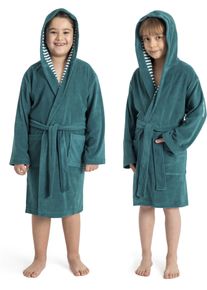 Kinderbademantel Kangaroos "Dalia, Ideal f&uuml;r Zuhause, Schwimmbad oder im Urlaub" Gr. 152, smaragd, L:102cm, Veloursfrottier, Hausm&auml;ntel, Kinderbademantel, Uni-Farben mit Streifen