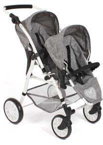 Bayer Chic 2000 Puppen-Zwillingsbuggy CHIC2000 "Twinny, Jeans Grey", grau (jeans grau), Puppenwagen, KinderB:63cm H:77cm T:63cm, Kunststoff, Metall, Stoff, Puppen-Zwillingsbuggy, mit schwenkbaren Vorderr&auml;dern, B:63cm H:77cm T:63cm