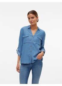 V&eacute;ro Moda Hemdbluse VERO MODA "VMBREE 7/8 SLEEVE LOOSE TENCEL SHIRT GA", Damen, Gr. L, blau (medium blau denim), Obermaterial: 100% Lyocell, unifarben, loose fit h&uuml;ftbedeckend, V-Ausschnitt, Krempel&auml;rmel abgesteppte Kante krempelbar, Blusen Hemdbluse, im Denim-Look und mit Riegel am Arm