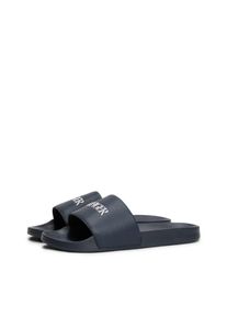 Pantolette Tommy Hilfiger "HILFIGER PRINT TUMBLE POOL SLIDE", Herren, Gr. 40, blau (dunkelblau), Lederimitat, Schuhe Pantolette, Hausschuh, Sommerschuh, Strandschuh mit Logoschriftzug