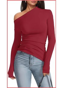 Off-Shoulder Long Sleeve T-Shirt Women, Slim Fit Solid Color Basic Top for Autumn Winter Casual Wear