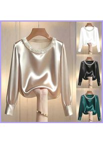 Elegant Beaded Satin Blouse for Women, Loose Fit Long Sleeve Silk Shirt Tops