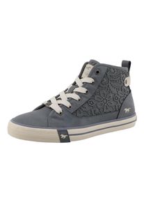 Sneaker Mustang Shoes "Winona", Damen, Gr. 37, Baumwolle, grau (jeansblau), Lederimitat, Textil, Schuhe Sneaker, Schn&uuml;rboots, High Top-Sneaker mit Bl&uuml;ten-Stickerei